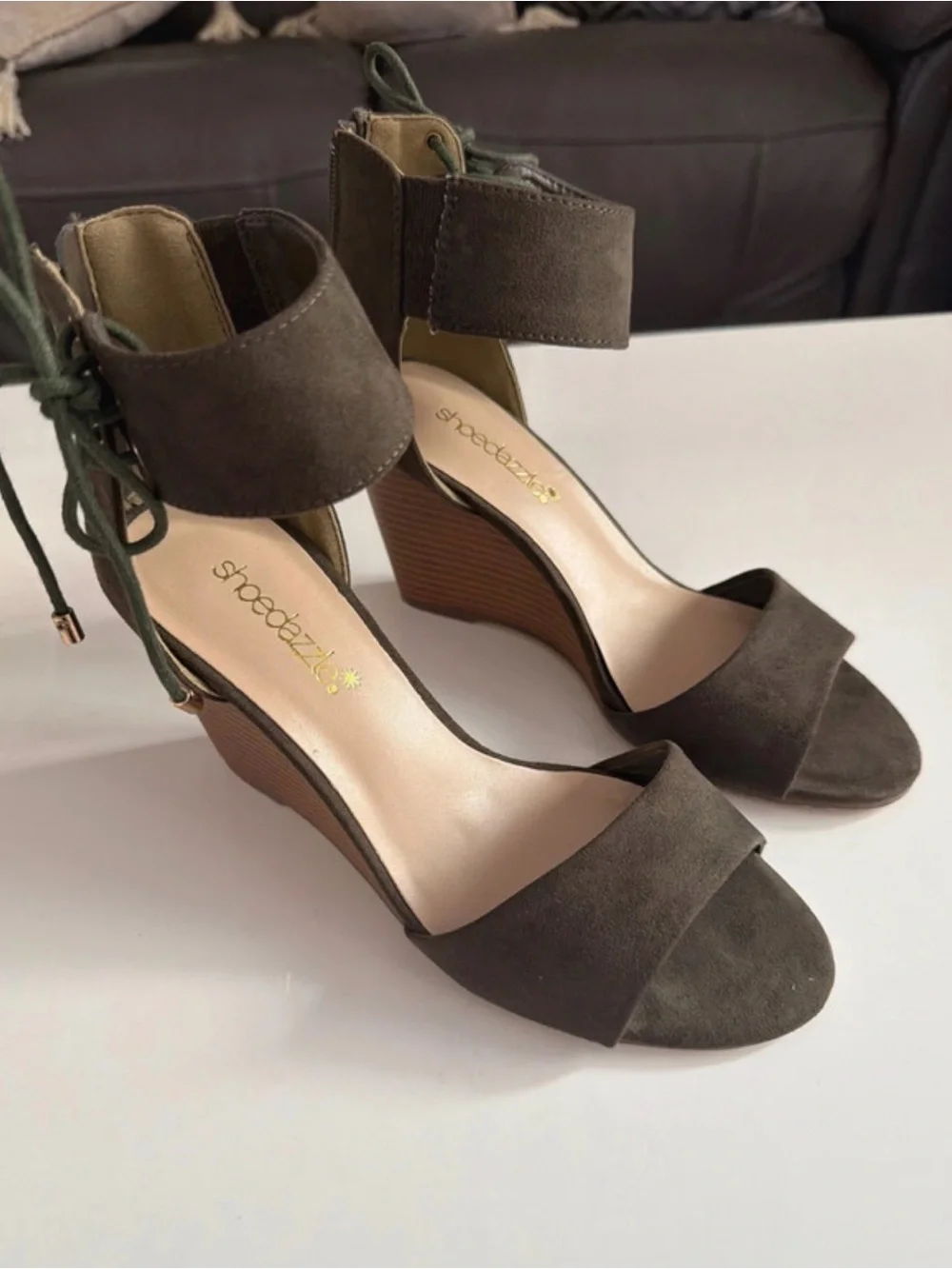 Shoe Dazzle Olive Green Suede Lace-Up Wedge Sandals
